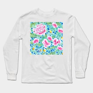 Pink chinoiserie flowers and leaves on turquoise Long Sleeve T-Shirt